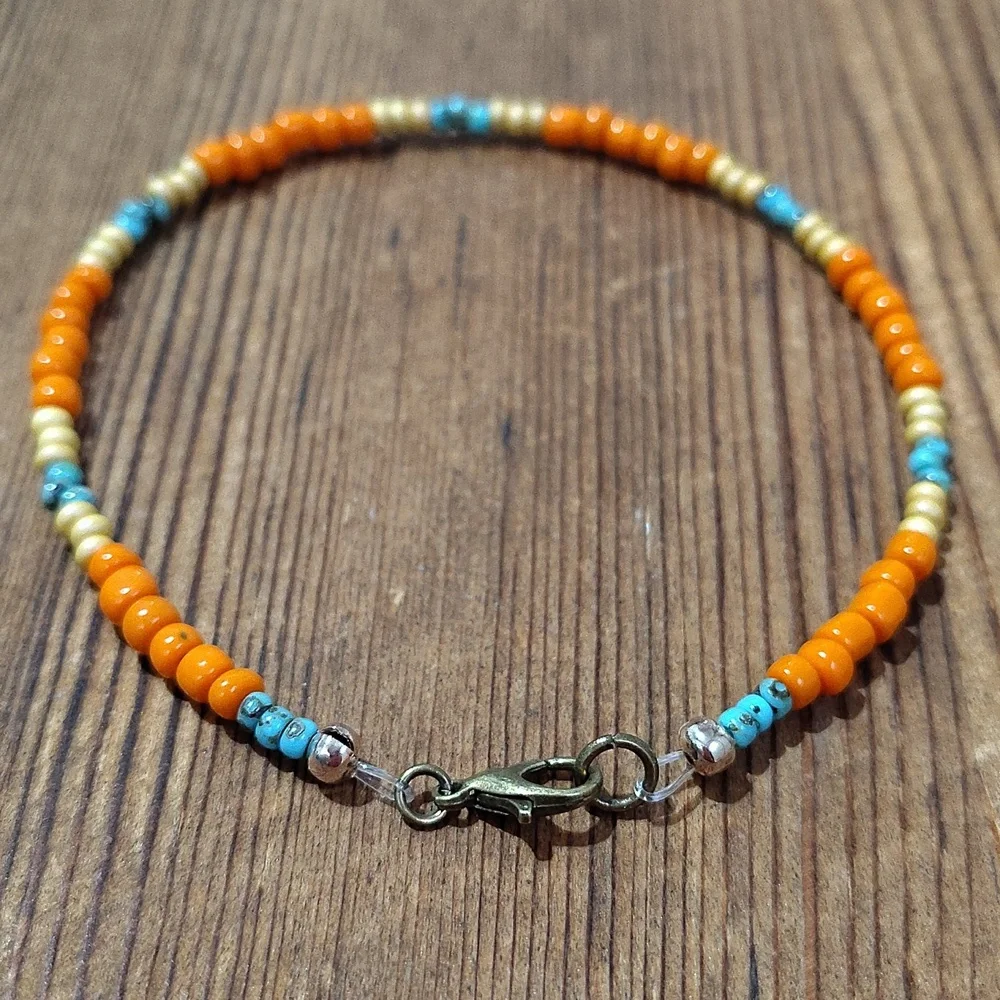 Orange and Turquoise Beaded Bracelet, Handmade Men's Bracelet 9 Inches Long - Picture 4 of 6